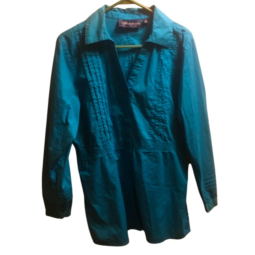 Susan Graver sz Med Drk Turquoise Blue pleated Lace Cotton button up tunic/Dress